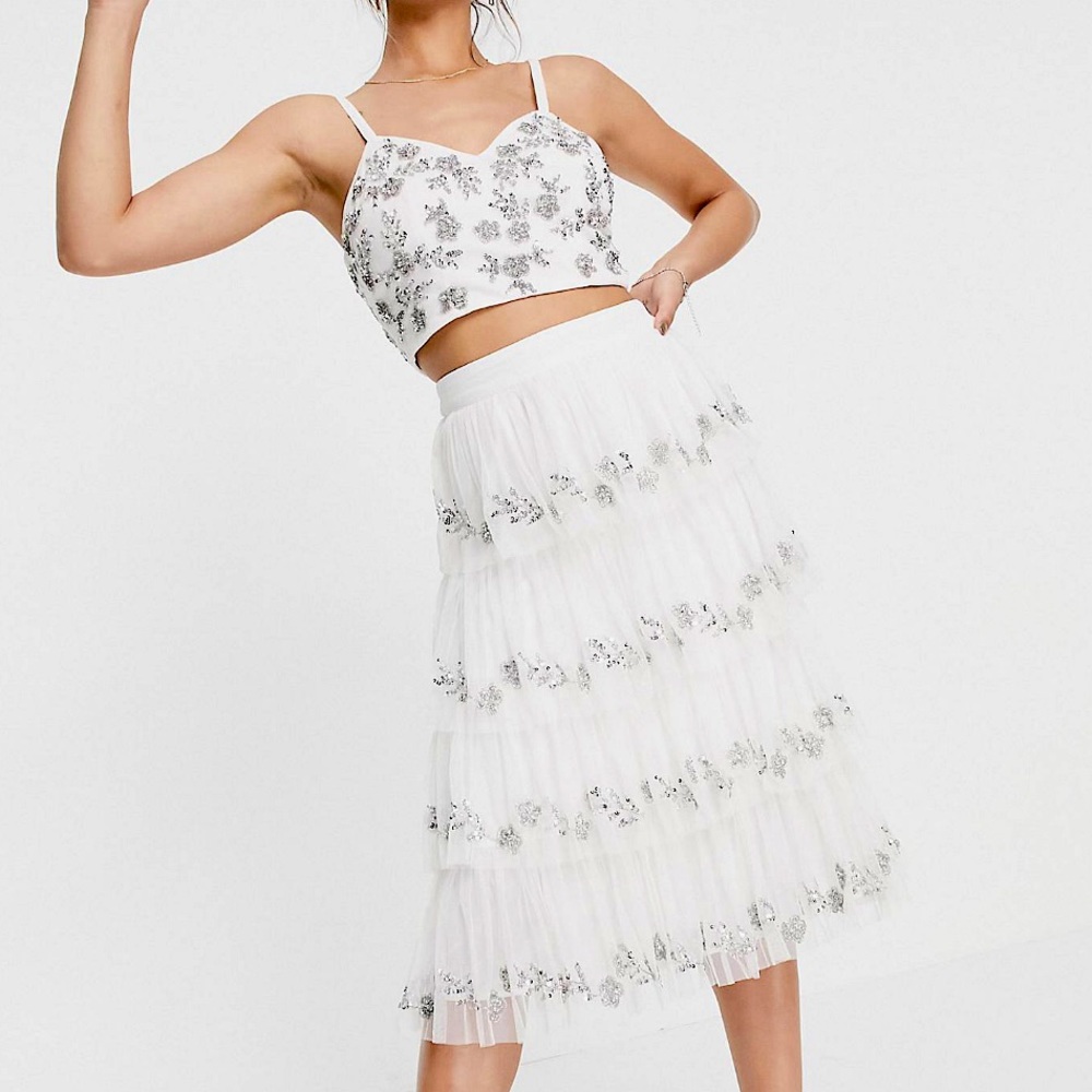 Maya set embellished tiered midi skirt in white